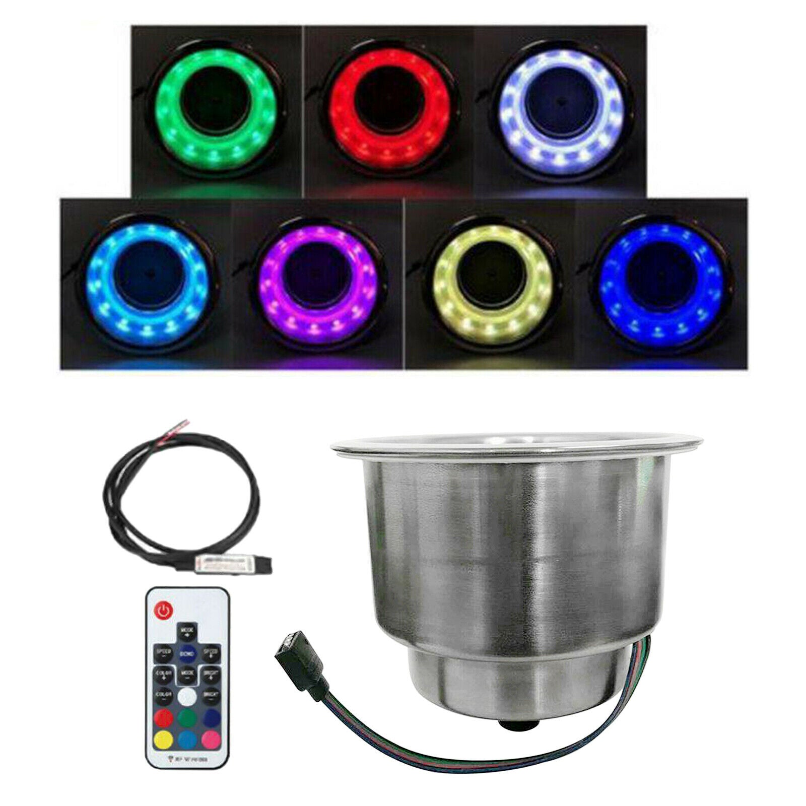 RGB LED Light Stainless Steel Drink Cup Holder Remote for Marine Boat Car