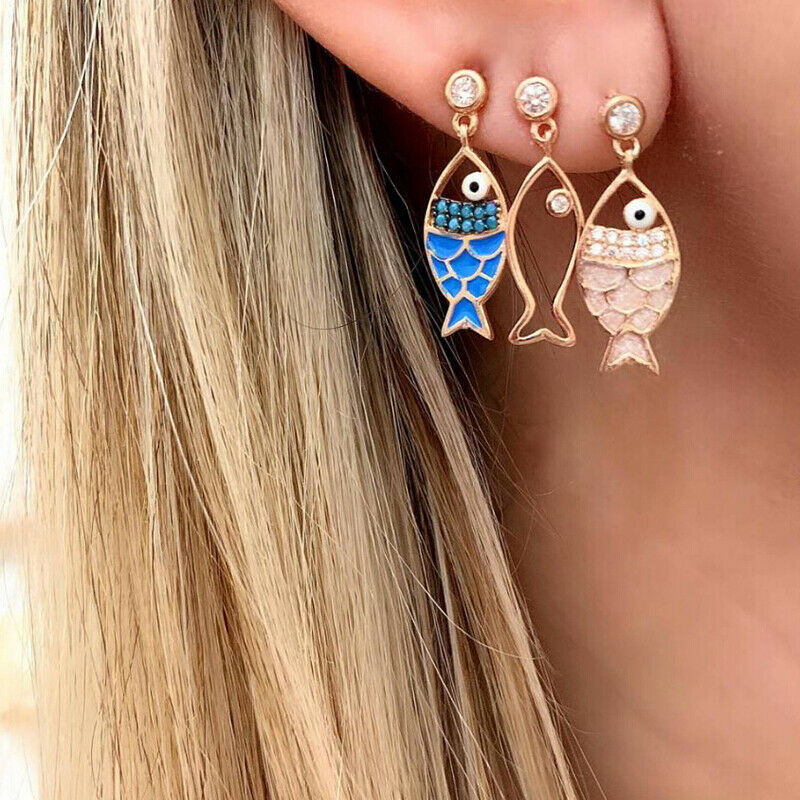 3Pcs/Set Fashion Women Bohemian Sea Fish Crystal Dangle Stud Earrings Jewelr Qx