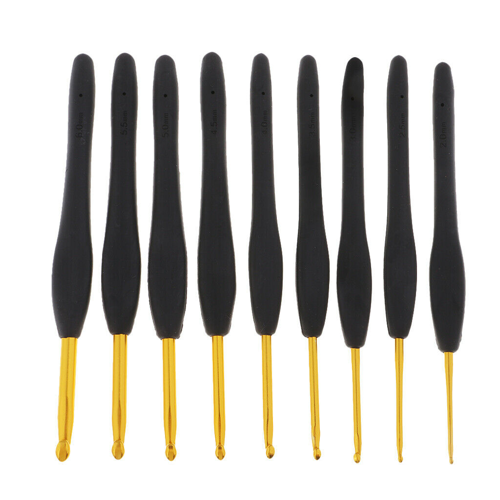 9 Sizes Black Soft Handle Aluminum Crochet Hooks Needles with Case 2mm-6mm