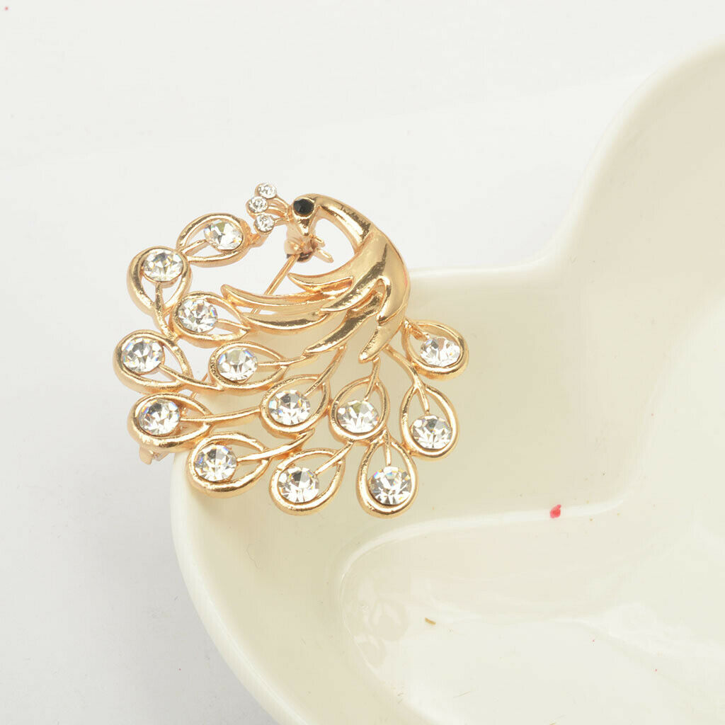 Elegant Peacock Crystal Rhinestone Golden Collar Brooch Pin Wedding Bridal