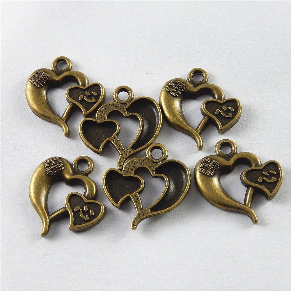40-pack Antiqued Bronze Alloy Love Heart Shape Chinese Word Pendant 21*18*3mm