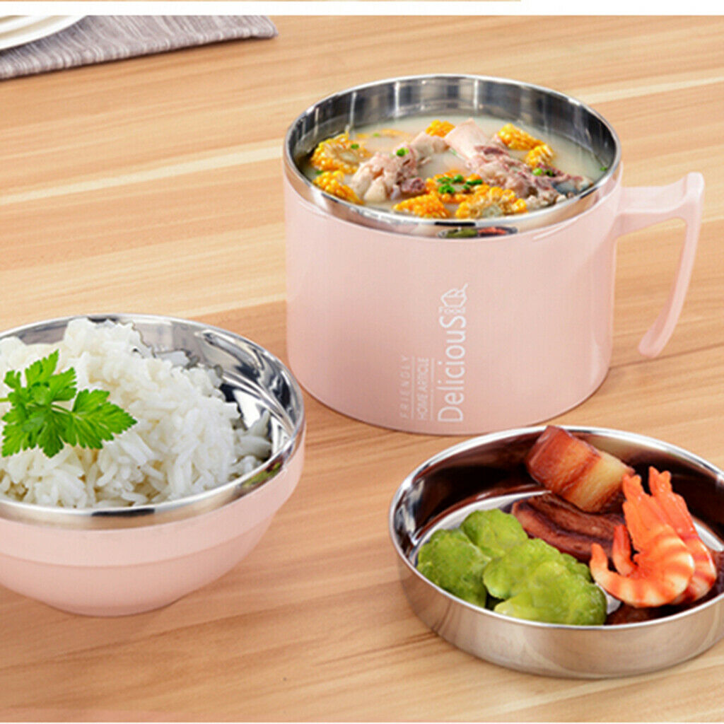 Stainless Steel 3 tier thermal bento Lunch Box Snack Cup With Soup Bowl Pink