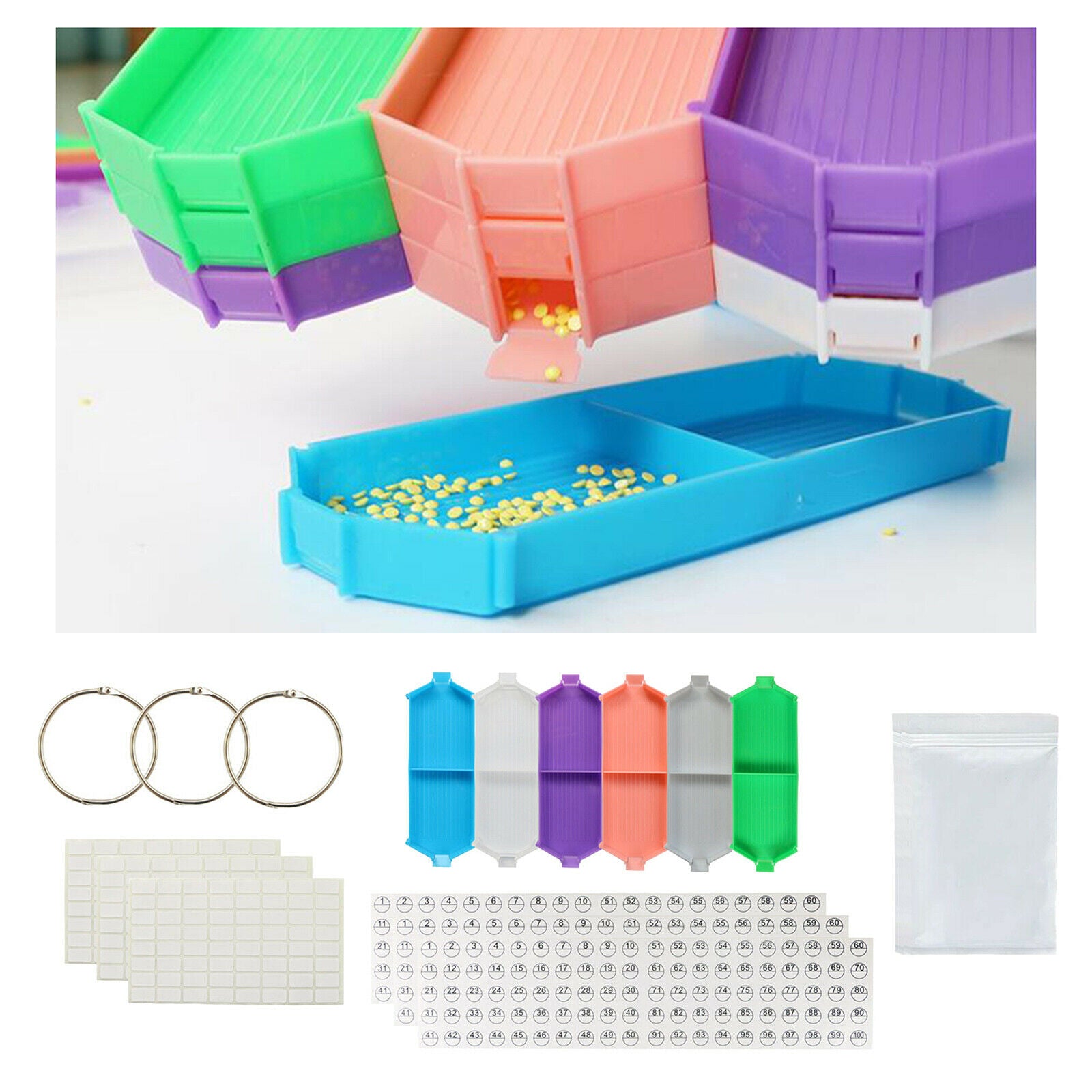 115Pcs 5D Diamond Painting Tools Tray Stickers Resealable Bag Binding Rings