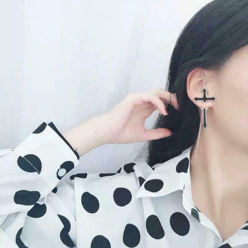 1Pc Punk Hip Hop Jewelry Spike Cross Ear Cuff Wrap Long Chain Piercing Earring