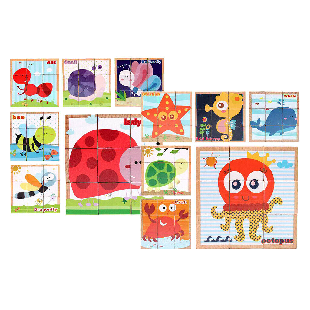 6 in 1 Wooden Animals/Insects Block Puzzle  Blocks Toddler Kids Toys
