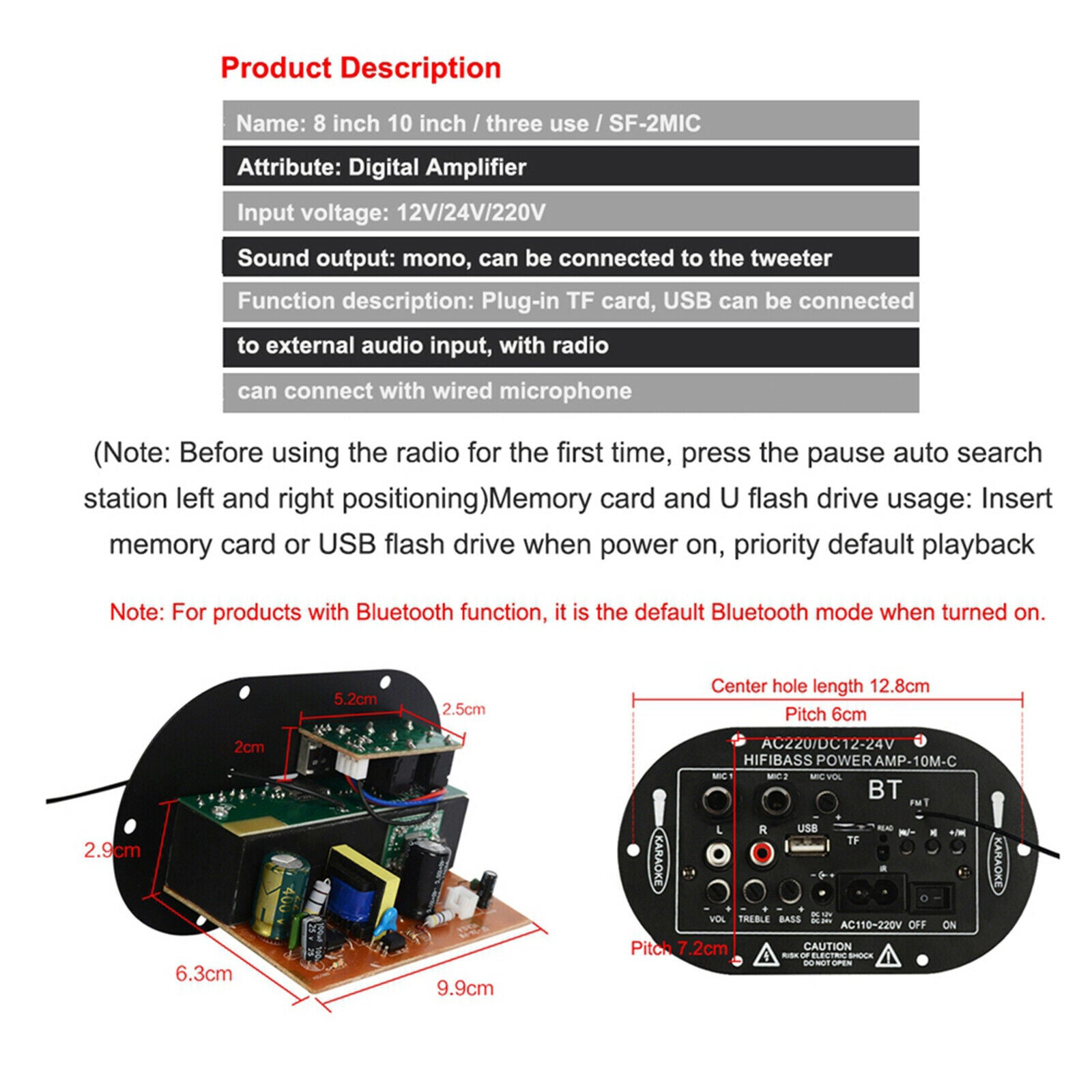 1Pc Bluetooth Amplifier Board 12V 220V Mono Stereo Sound High Power DIY USB TF