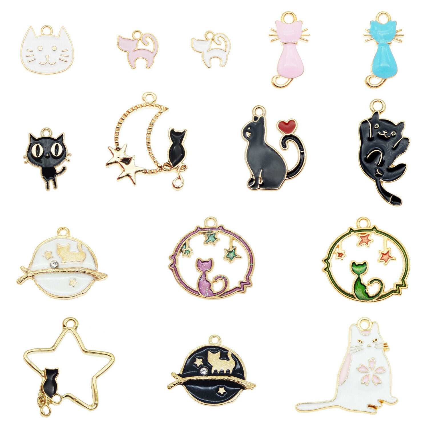15PCS Assorted Enamel Plated Mixed Kitty Cat Animals Charms Pendant DIY Findings