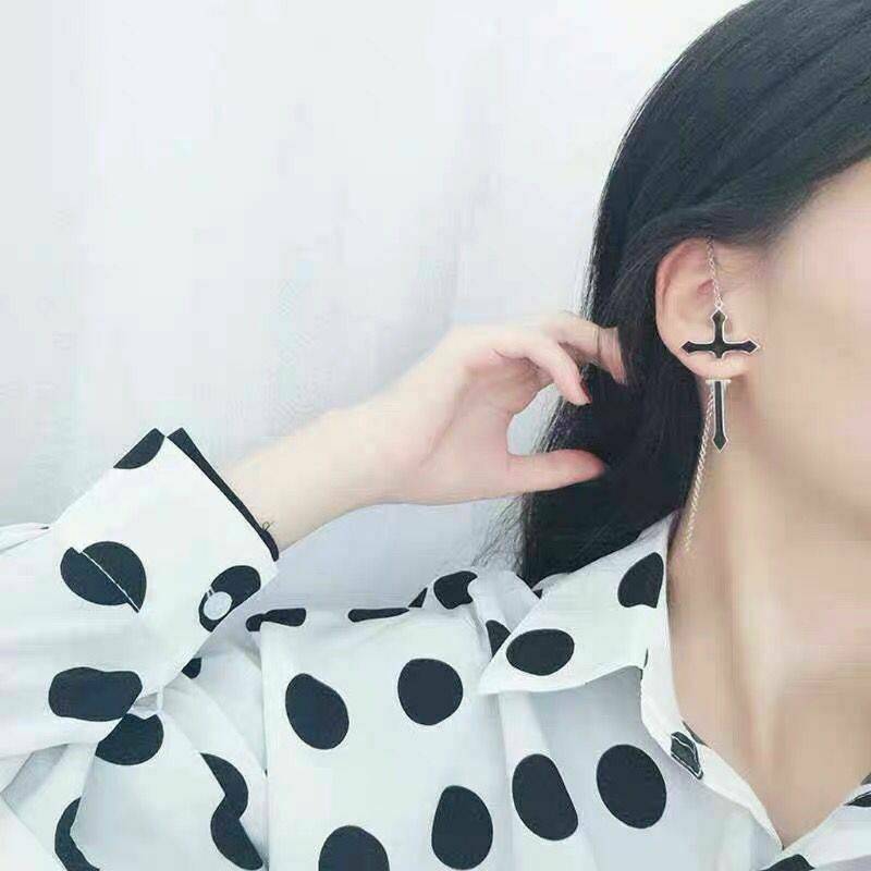 Goth Punk Rock Black Cross Chain Wrap Cuff Earrings Jewelry Piercing Required AU