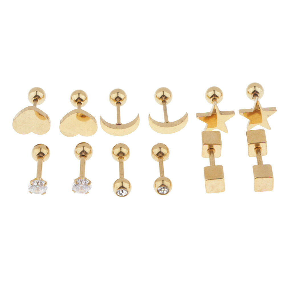 Pairs Women's Stainless Steel Ball Back Earrings Star Heart Moon Ear Studs