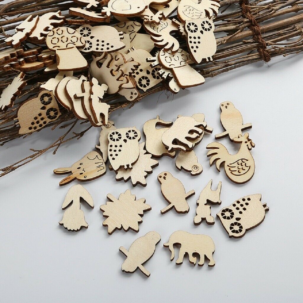 50 Pack Natural Wooden Embellishment Mixed Animals Wood Shapes Craft Pieces for