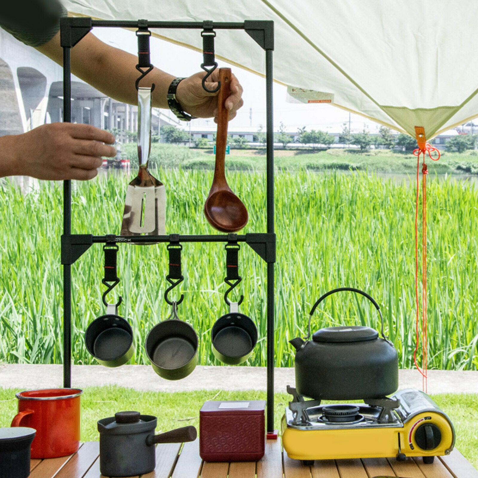 Portable Foldable Desktop Storage Rack Hanging Shelf BBQ Pot Pan Organizer
