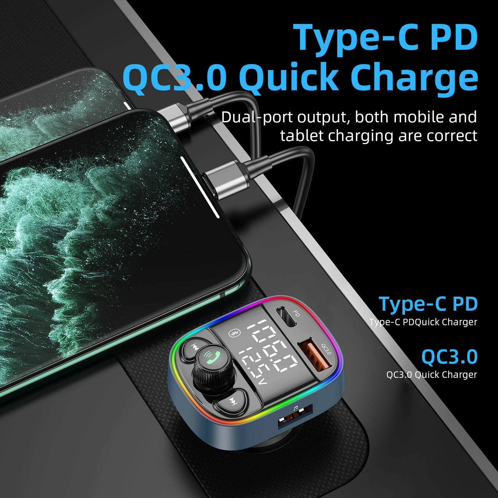 C87B Car Mp3 PD/QC3.0 Bluetooth Car Charger FM Transmitter U Disk Music Player