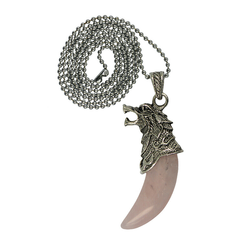 Mens Wolf Tooth Head Rose Quartz Pendant Ball Chain Necklace Pink