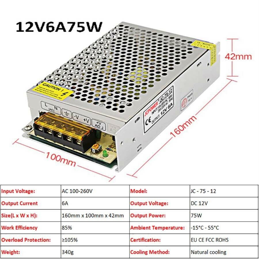 12V 6A 75W DC Regulated Switching Power Supply PSU Transformer LED Strip Monitor