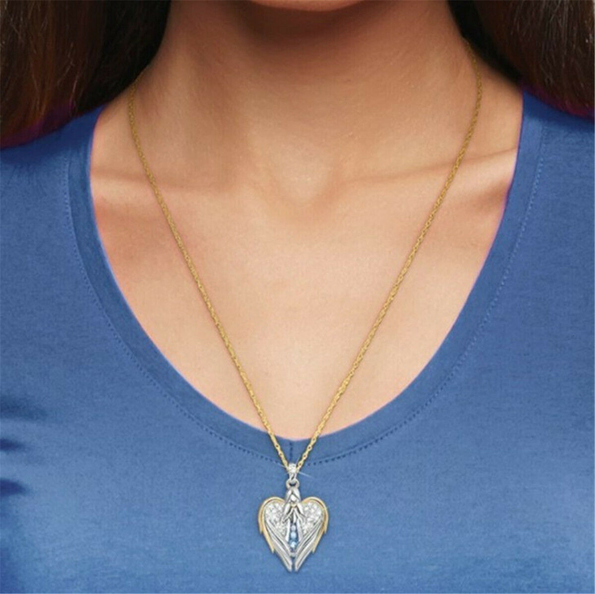 Two Tone Heart Angel Wing Pendant Chain Guardian Necklace Jewelry Charm Gift New