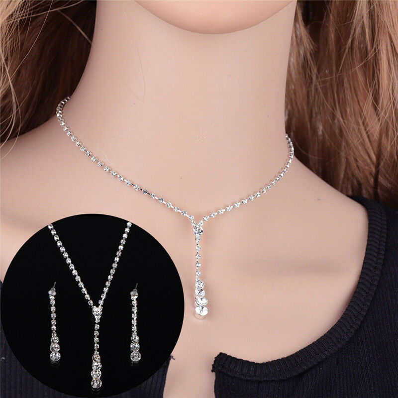 1Set Wedding Bridal Rhinestone Crystal Necklace Drop Earrings New Jewelry H Rf
