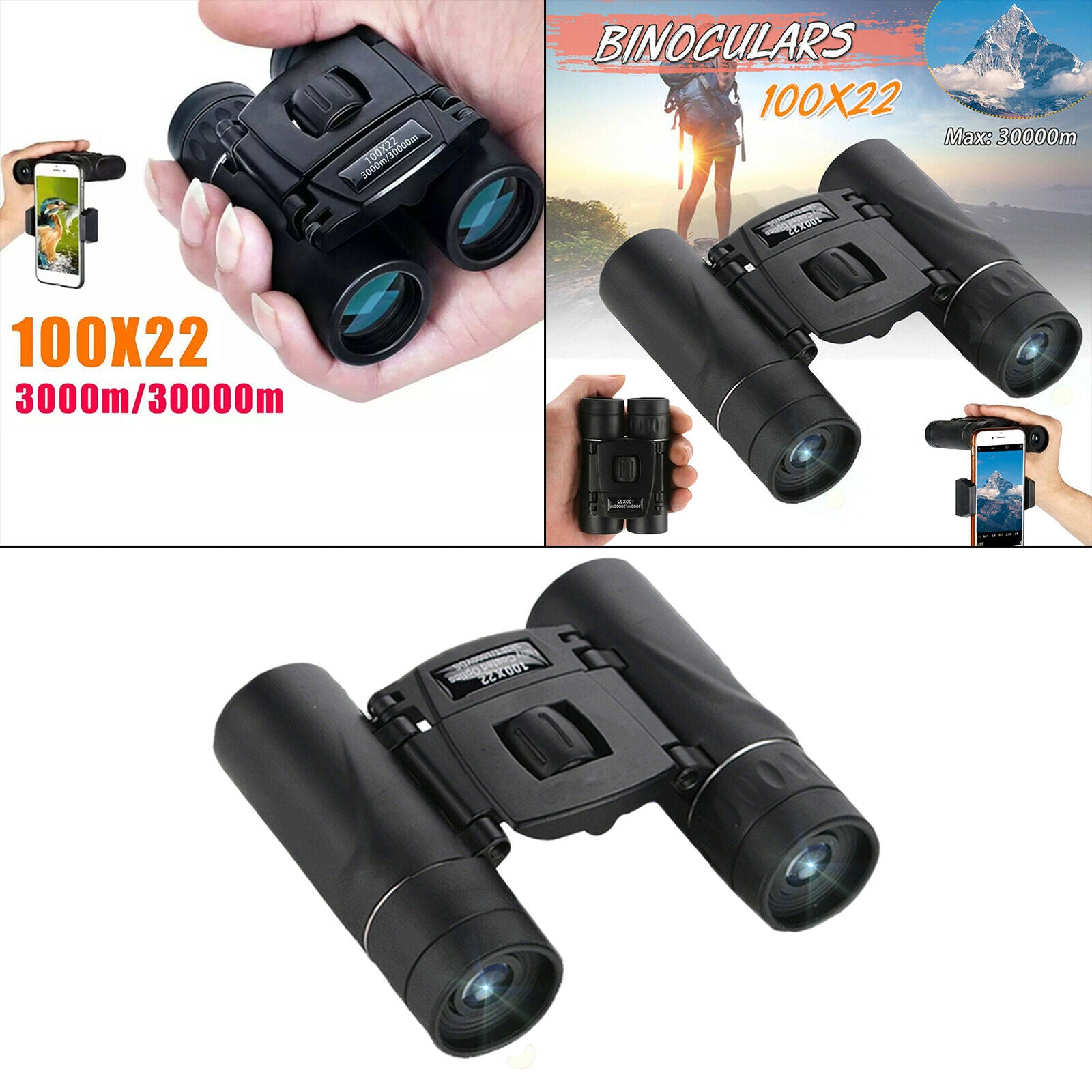 100x22 Compact Binoculars BAK4 Prism HD Phone Telescope Adults Kids Outdoor