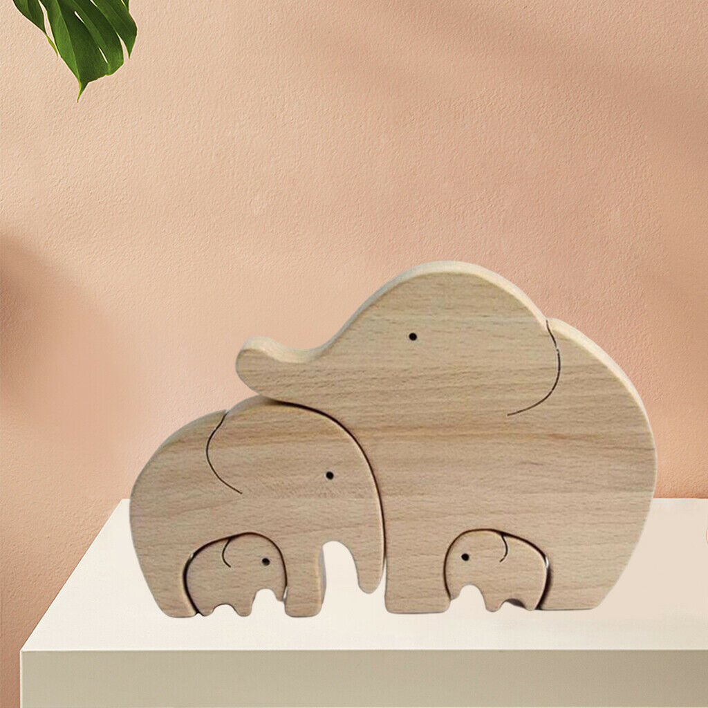 Elephant Family Statue Wood Animal Sculpture Indoor Home Decor Mother's Gifts