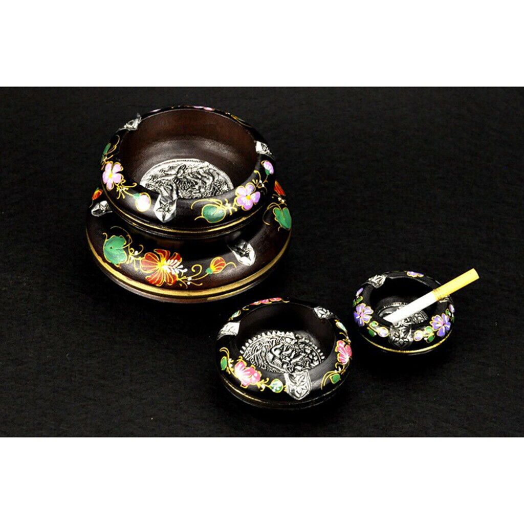 2x Leopard/Painted Print Solid Wooden Ashtrays Round Thailand Style Ashtrays