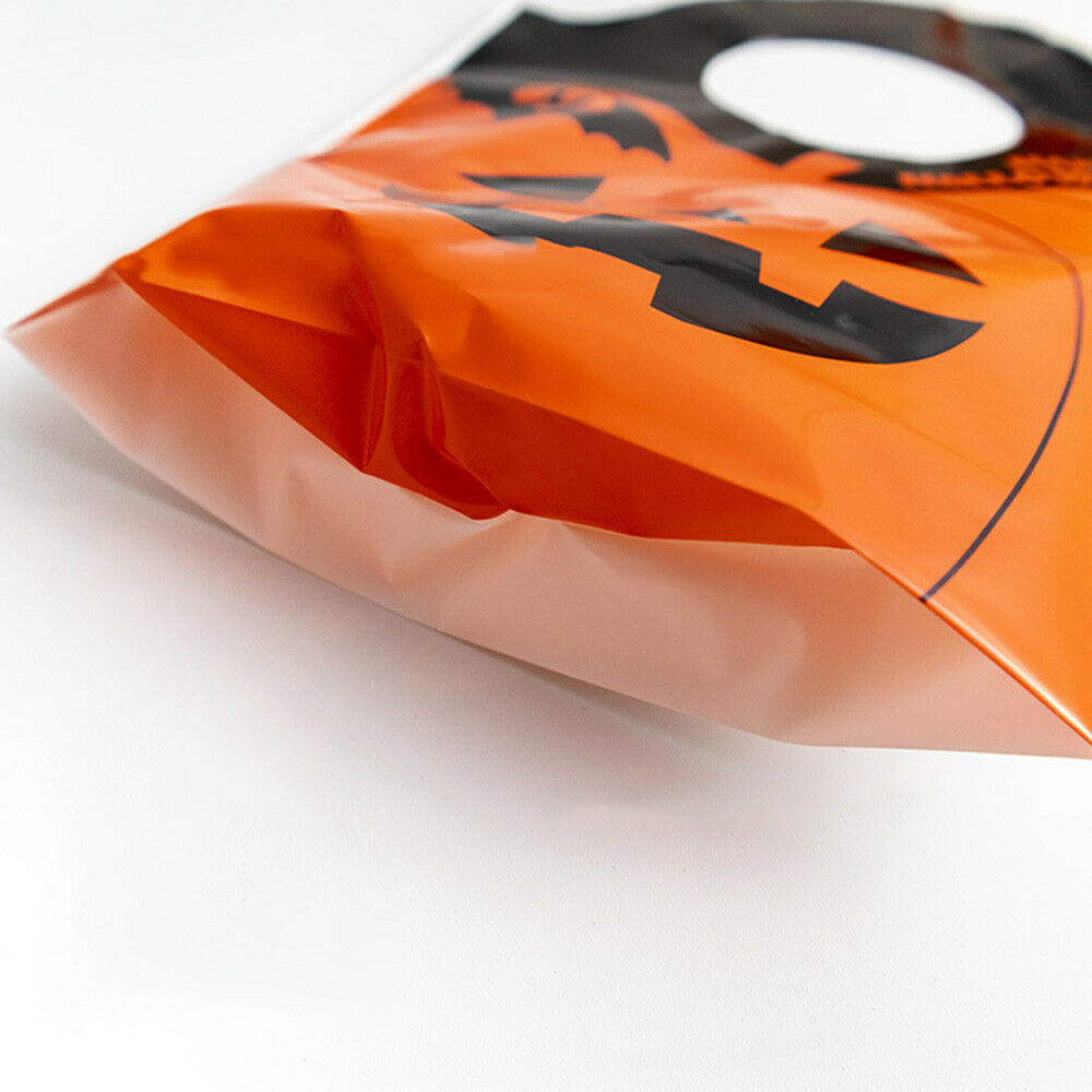 50x Happy Halloween Orange Pumpkin Plastic Tote Bag Trick or Treat Gift Candy