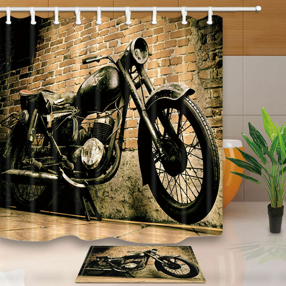Ancient motorcycle and brick wall Bathroom Fabric Shower Curtain Set 47x64inch