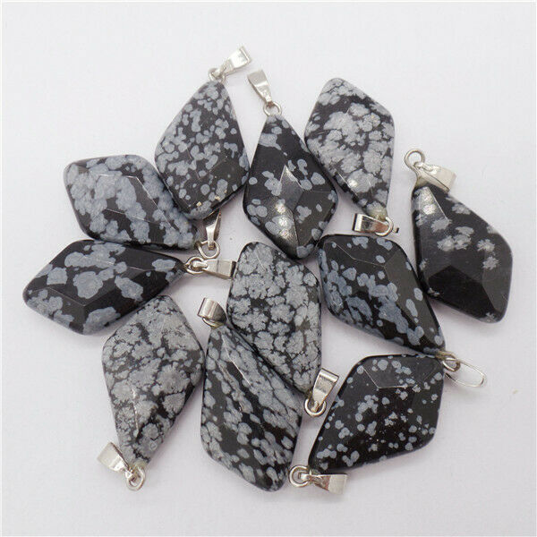 15Pcs 24x15x6mm Natural Snowflake Obsidian Faceted Shield Pendant Bead HH9580