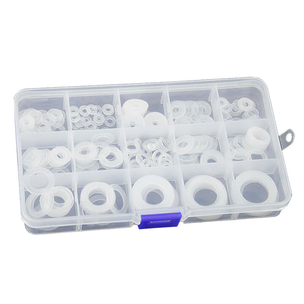 250Pcs White Nylon Washer Flat Washer Gasket Ring Seals Kit w/ Storage Box