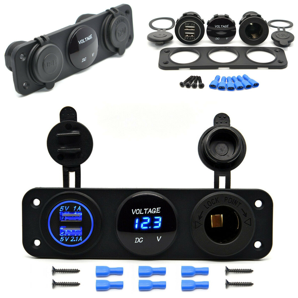Car Truck Boat Multi Function Panel Dual USB Charger Voltmeter 12V Power Socket