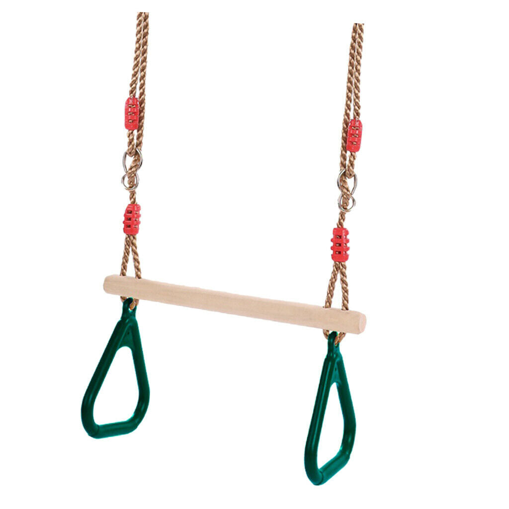 Children Playground Wooden Trapeze Swing with Triangular Gym Rings Fun Green