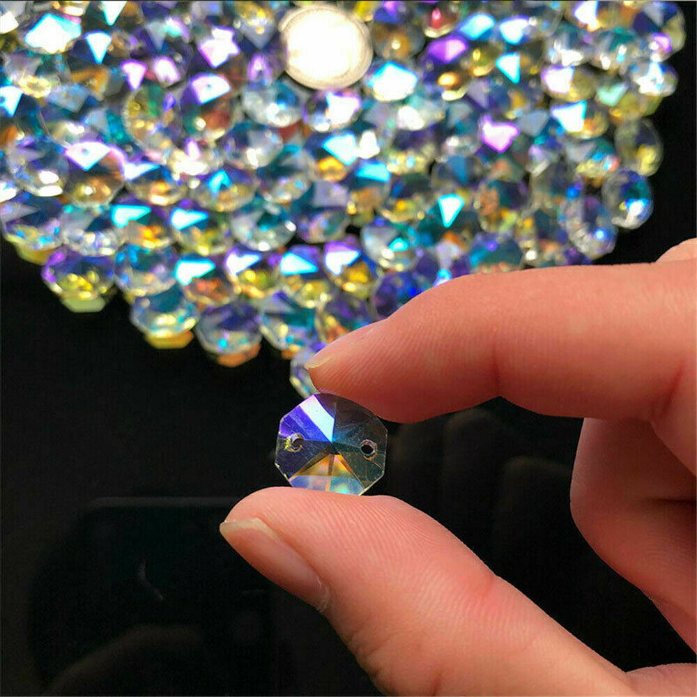 100x AB Aurora Octagonal Bead Crystal Chandelier Suncatcher Prisms Part Pendants