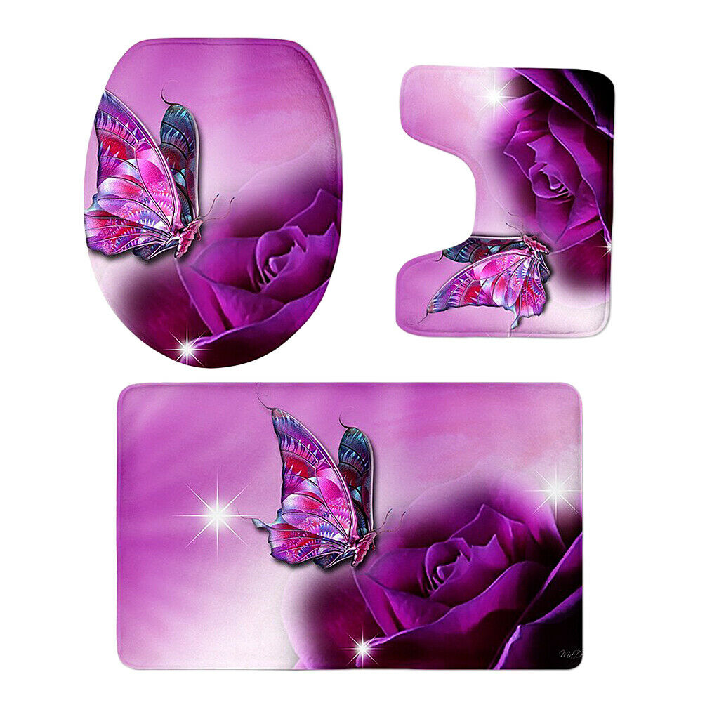 3 Piece Butterfly Toilet Covers Set Flannel Mats Bathroom Rug P1437CP