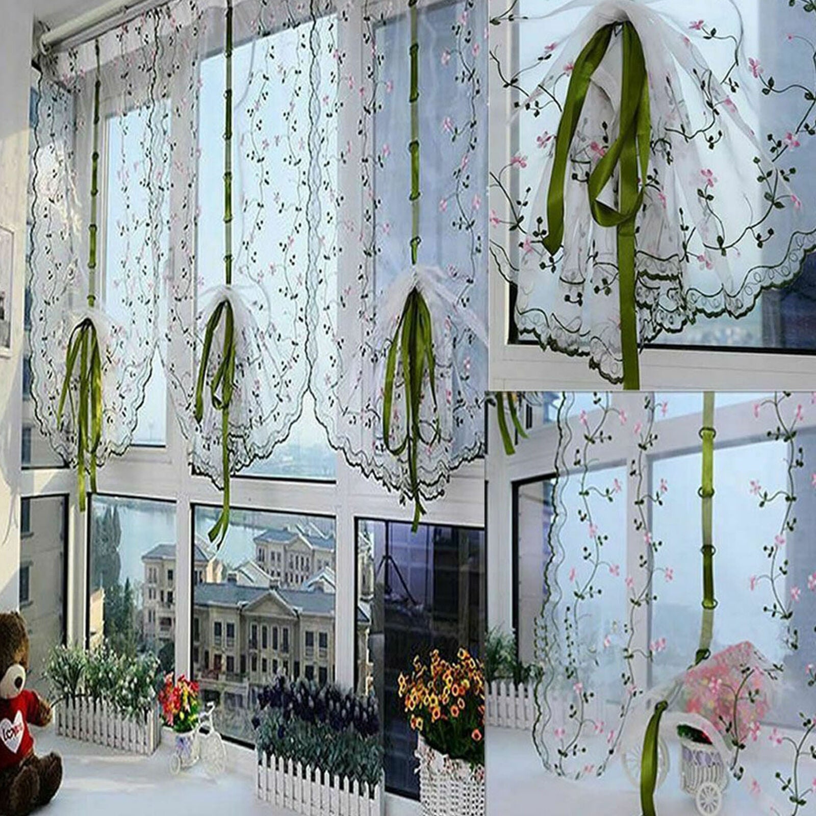 Fresh Hand Embroidered Floral Shade Sheer Voile Door Window Cafe Kitchen Curtain
