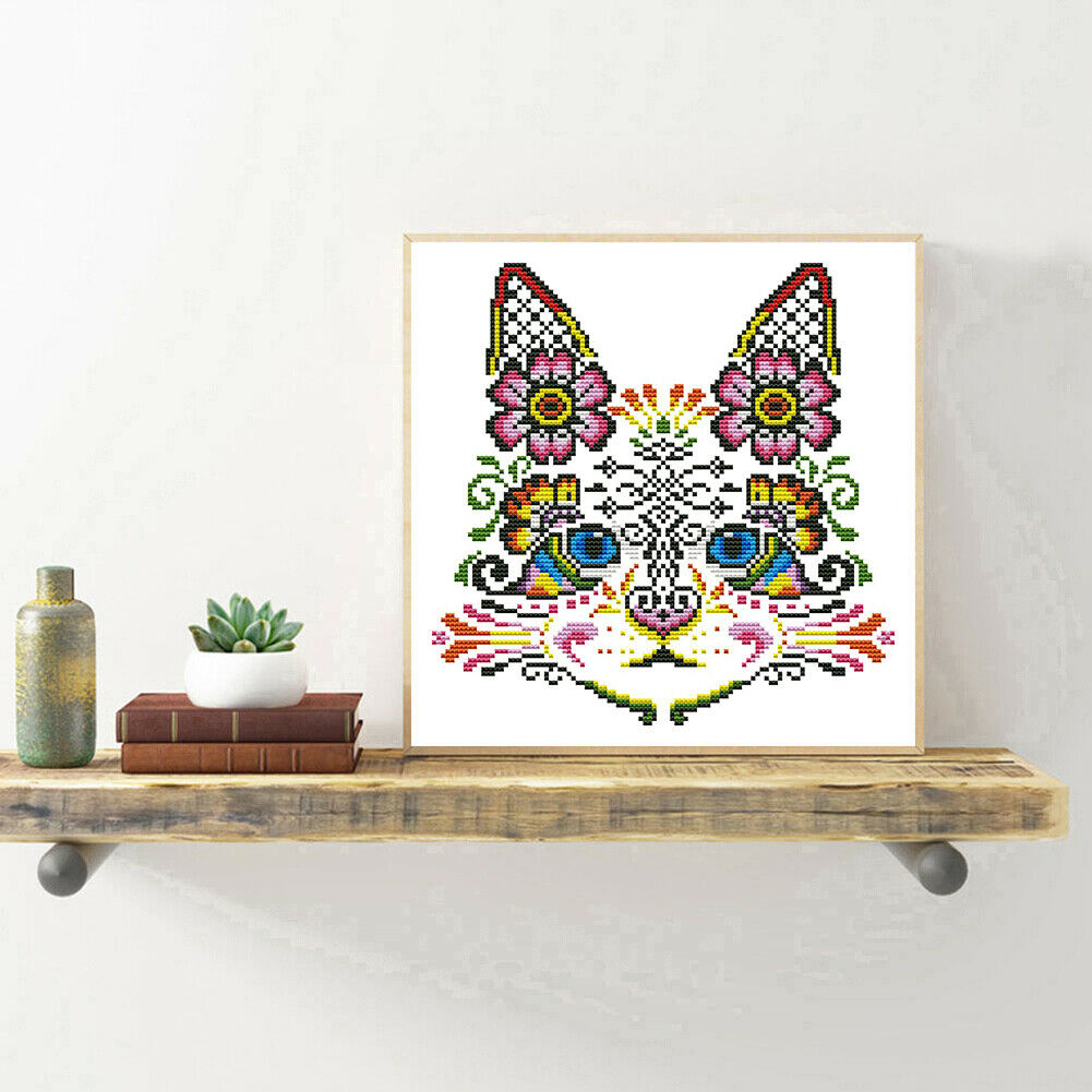 Stamped Print Embroidery Needlework DIY Flower Cat Beaded Cross Stitch Kits @