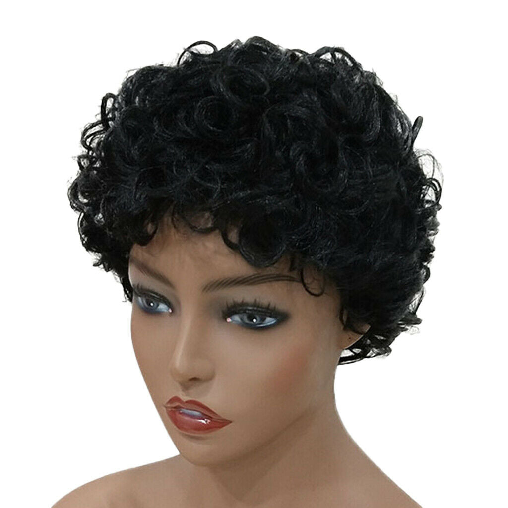 Natural Looking Real Human Hair Women Afro Curly Wig Short Finger Wave Curling