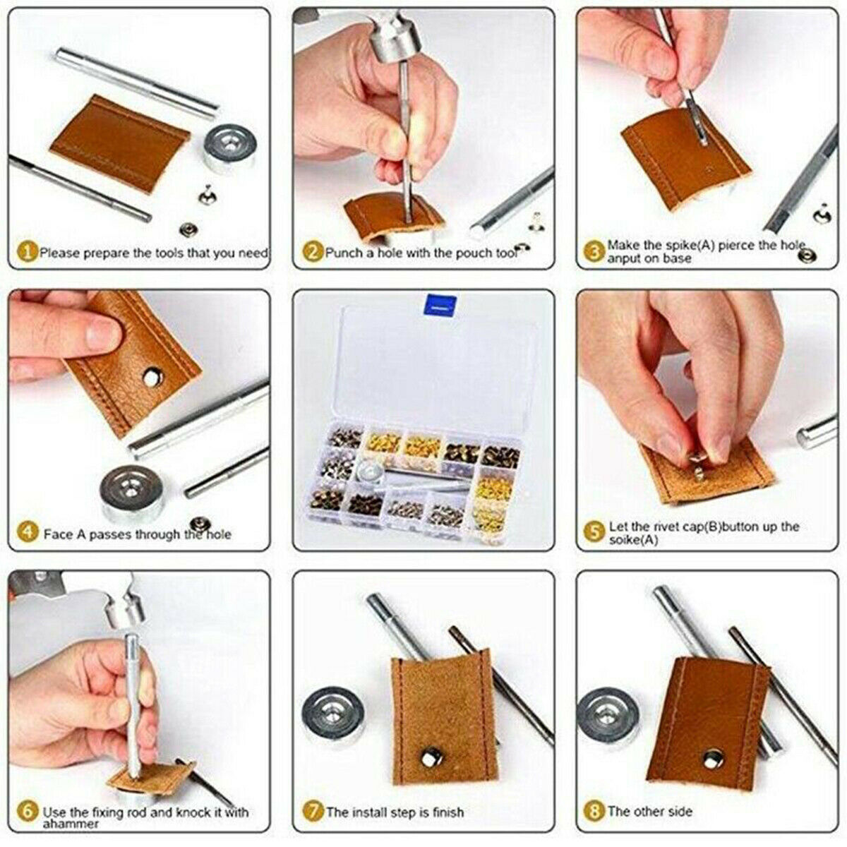 360Pcs 3 Sizes Leather Rivets Double Cap Rivet Tubular Metal Studs DIY Tool Kit