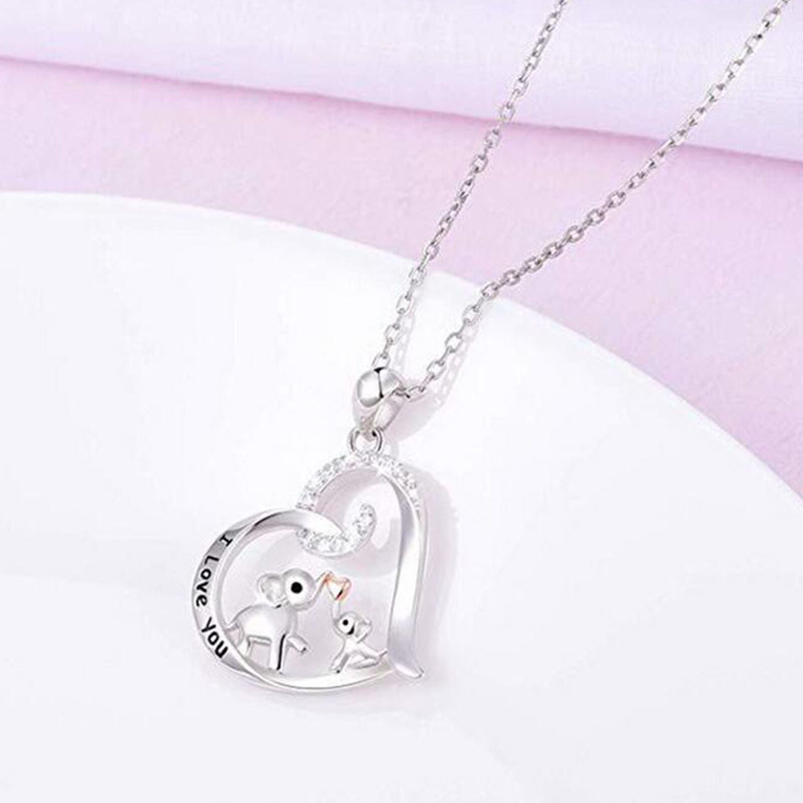 Women Pendant Rhinestone Heart-Shaped I Love You Baby Elephant Kiss Necklace