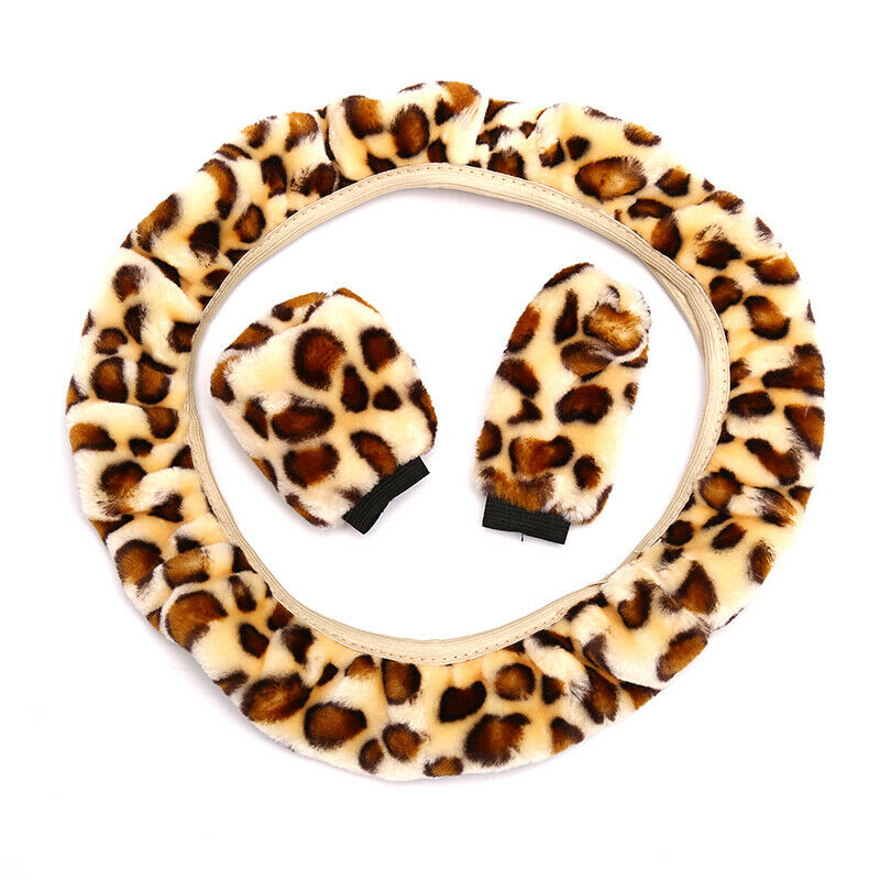 3Pcs /Set Beige Leopard Fluff Plush Steering Wheel Cover Winter Car ZTA GzF SJ