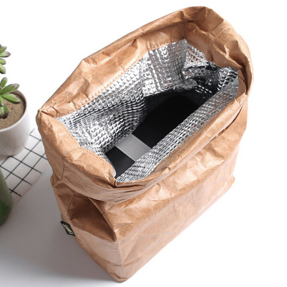 Brown Paper Lunch Bag Reusable Insulated Thermal Cooler Sack Magnetic Closul SJ