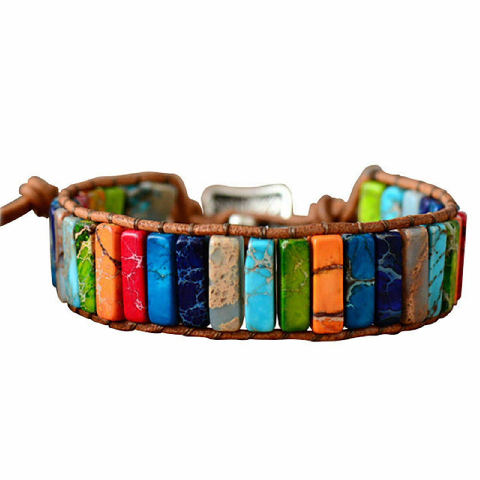 Prayer Handmade 7 Chakra Leather Wrap Bangle Natural Stone Tube Beads Bracelet