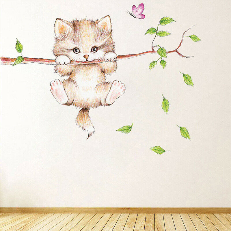 cute cat butterfly tree branch wall stickers for kids rooms home decorati.l8