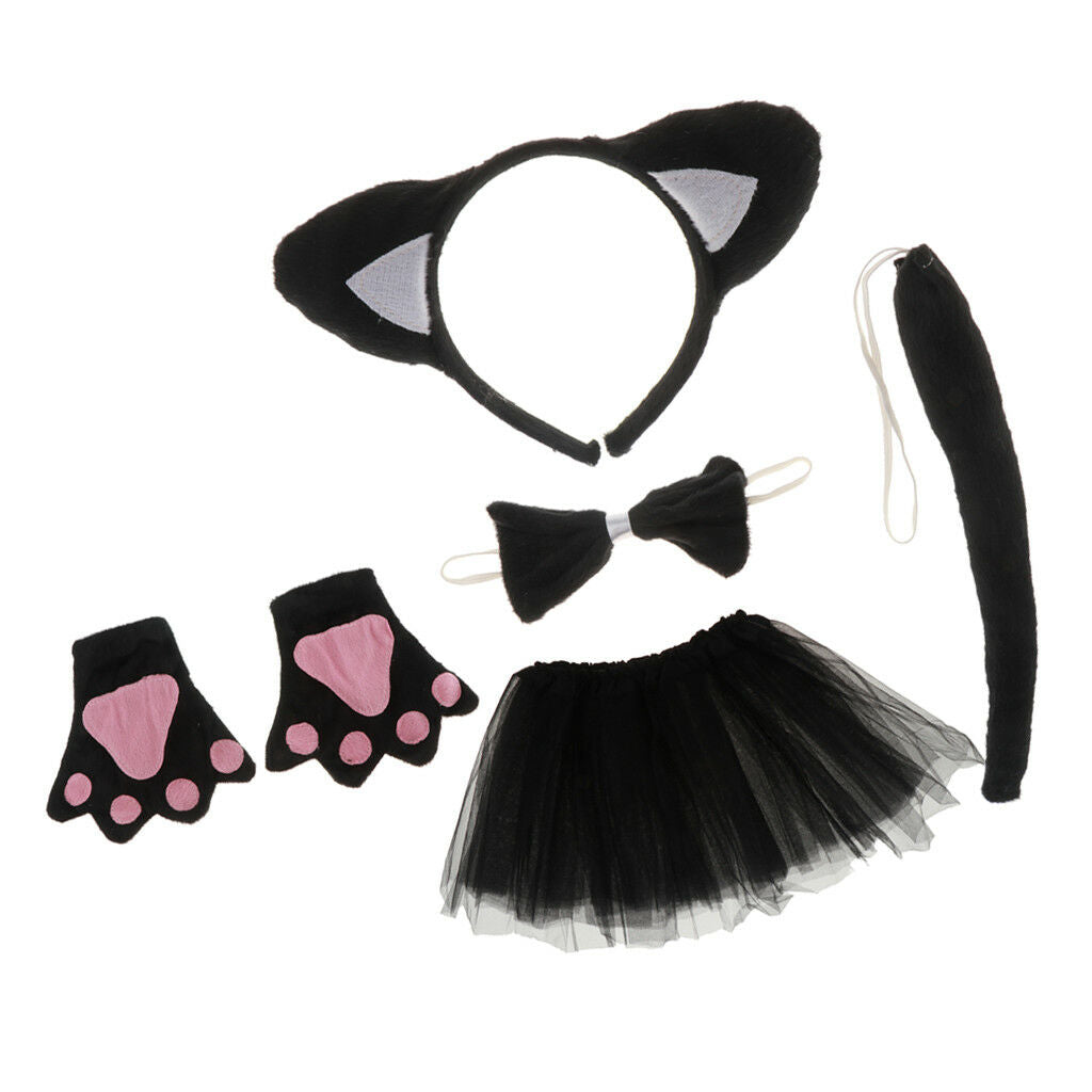 Girls Kids Black Cat Kitty Costume Headband Skirt Bowtie Paw Tail Outfit