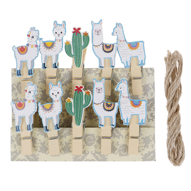 10pcs Cactus Alpaca Llamas Wooden Clips with Rope Photo Clips Hawaiian Decor JDD
