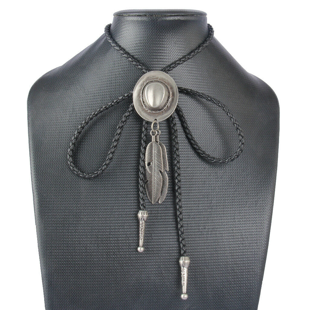 2Pcs Hat Design Bolo Tie Necklace Feather Pendant Jewelry Handmade PU Leather