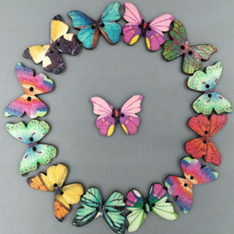 50Pcs Mixed Bulk Butterfly Phantom Wooden Sewing Buttons Scrapbooking 2 Holes hs