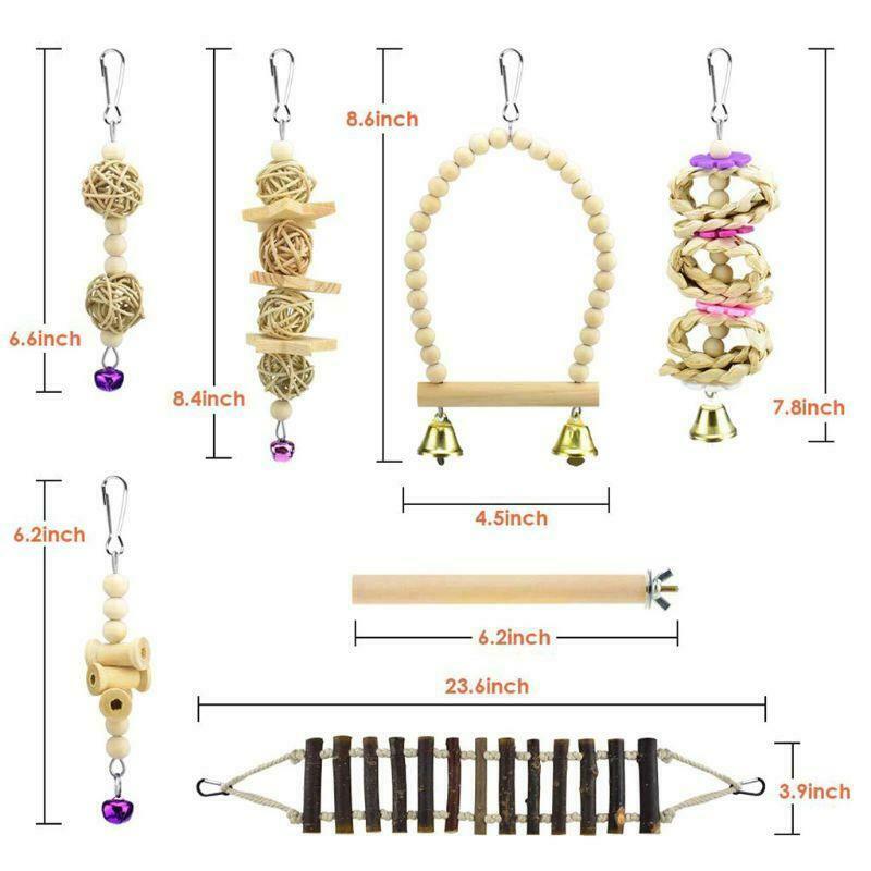 7Pcs Parrot Chew Toys Natural Wood Bird Swing Climbing Hanging Perch Bell Ball
