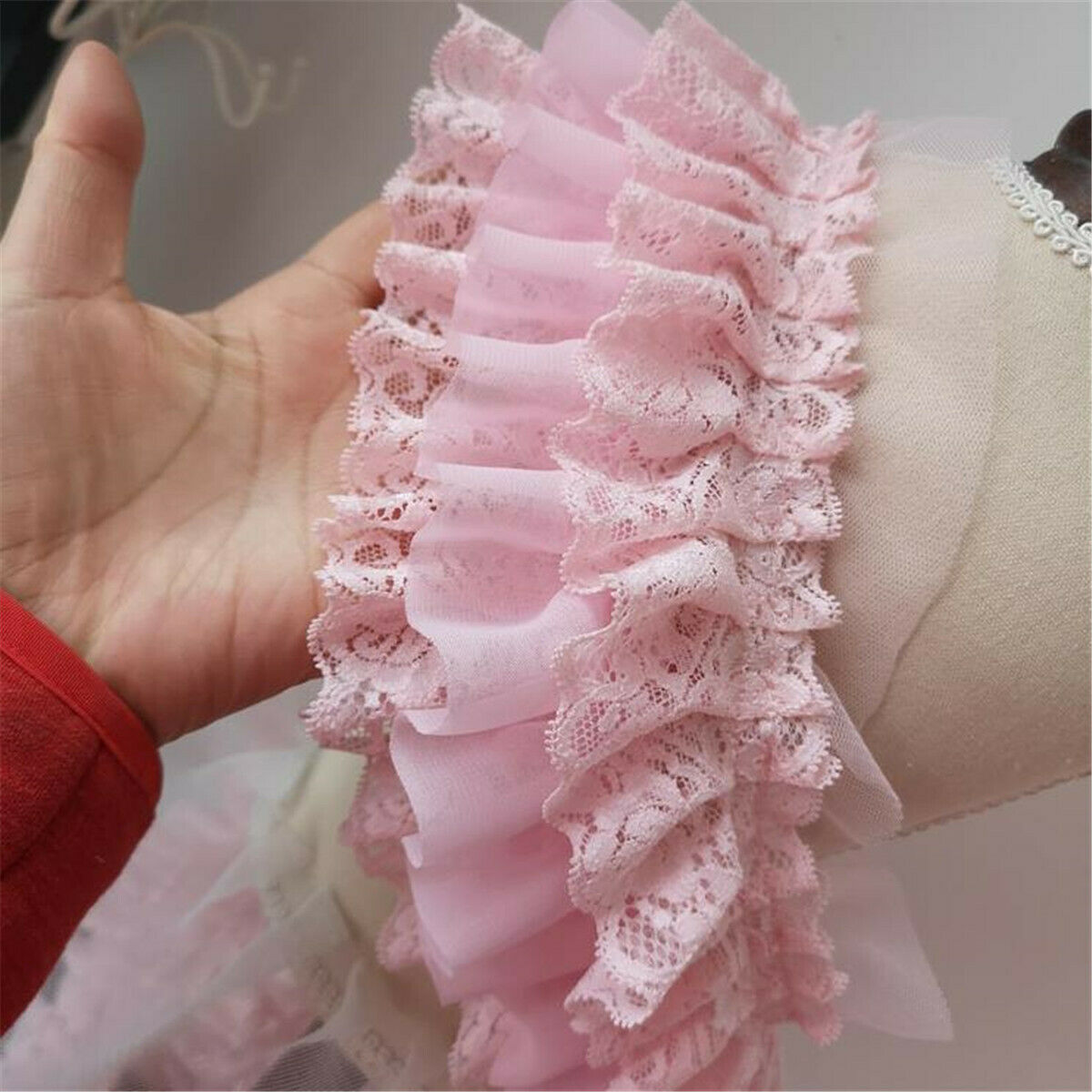 150CM Pink Chiffon Ruffle Lace Trim 3 Layer Pleated Ribbon DIY Sewing Craft