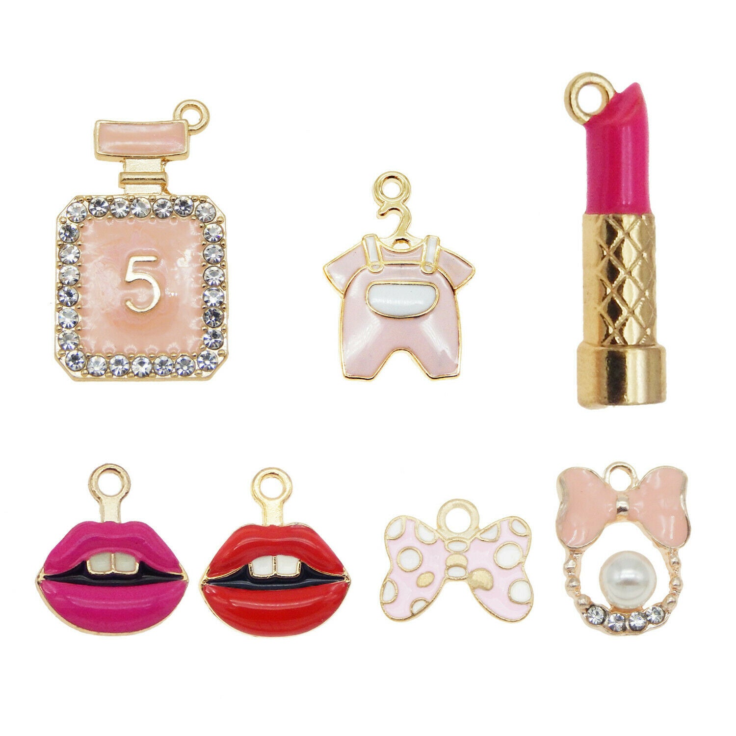 14 PCS Assorted Pink Women Cosmetic Enamel Charm Lipstick Bowknot Alloy Pendant