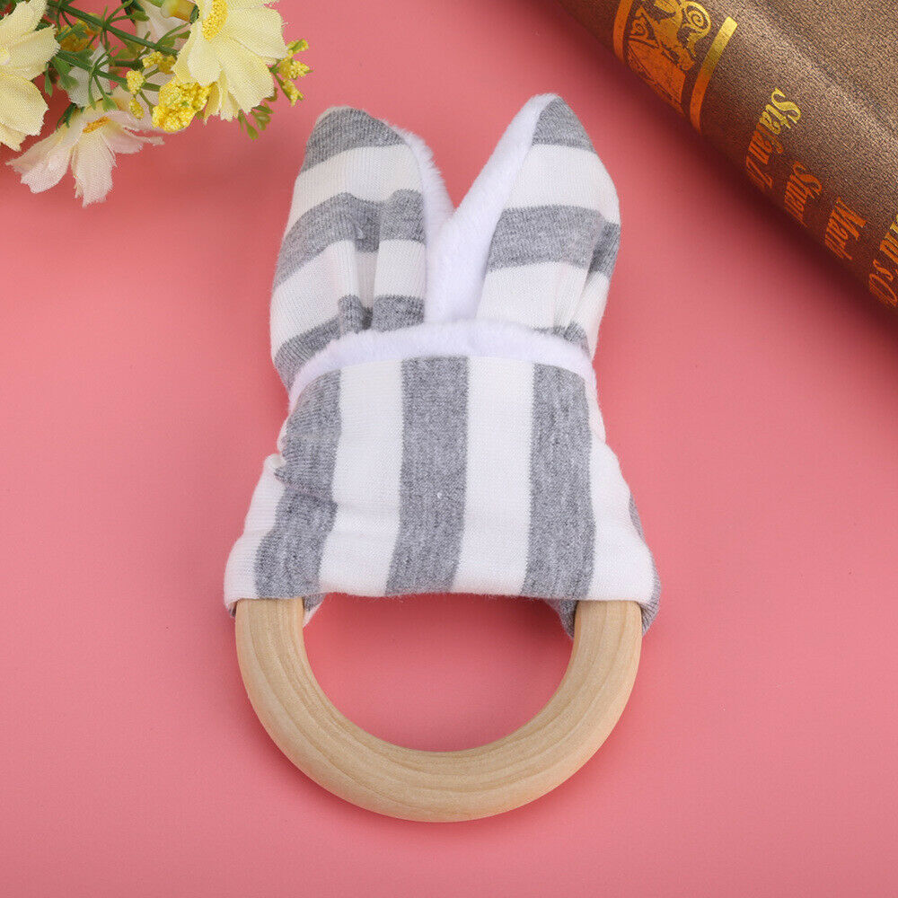 Safety 6 Months Baby Wooden Rabbit Bunny Ear Teething Ring Chew Teether