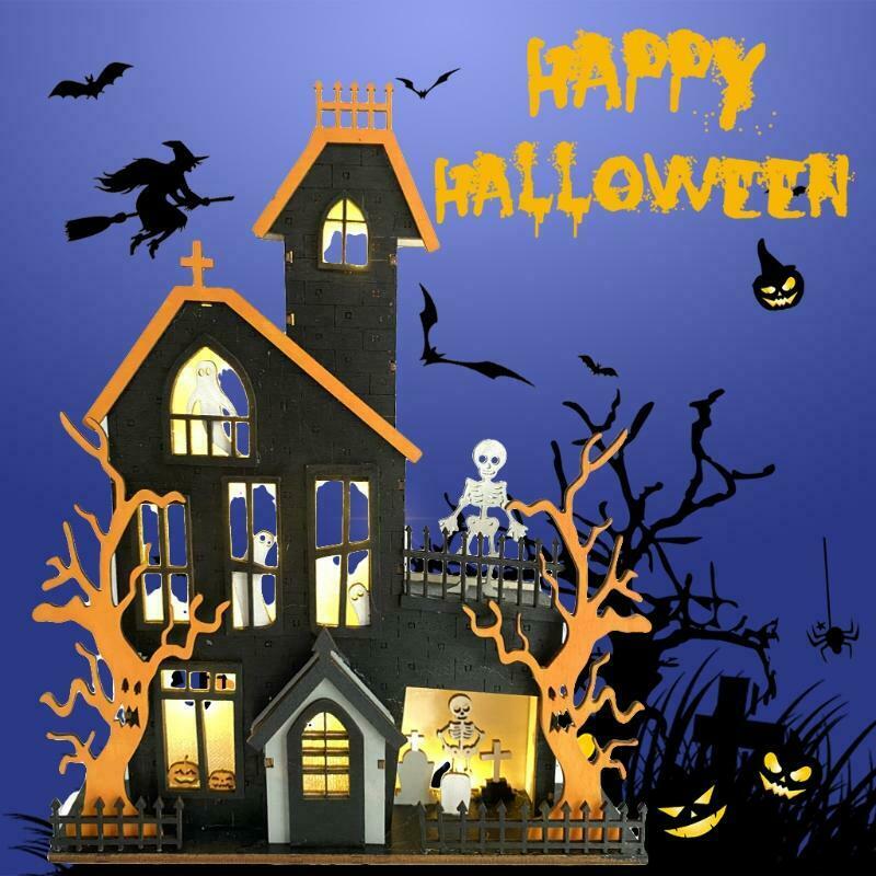 Halloween Table Decorations Wooden Haunted House Ghost Sign with LED Light Decor