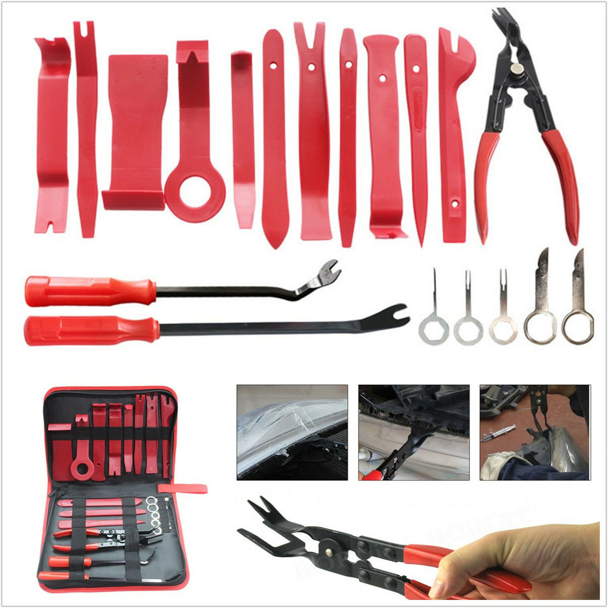 19Pcs Fastener Trim Panel Removal Tools Clip Plier Set Fastener Remover RED
